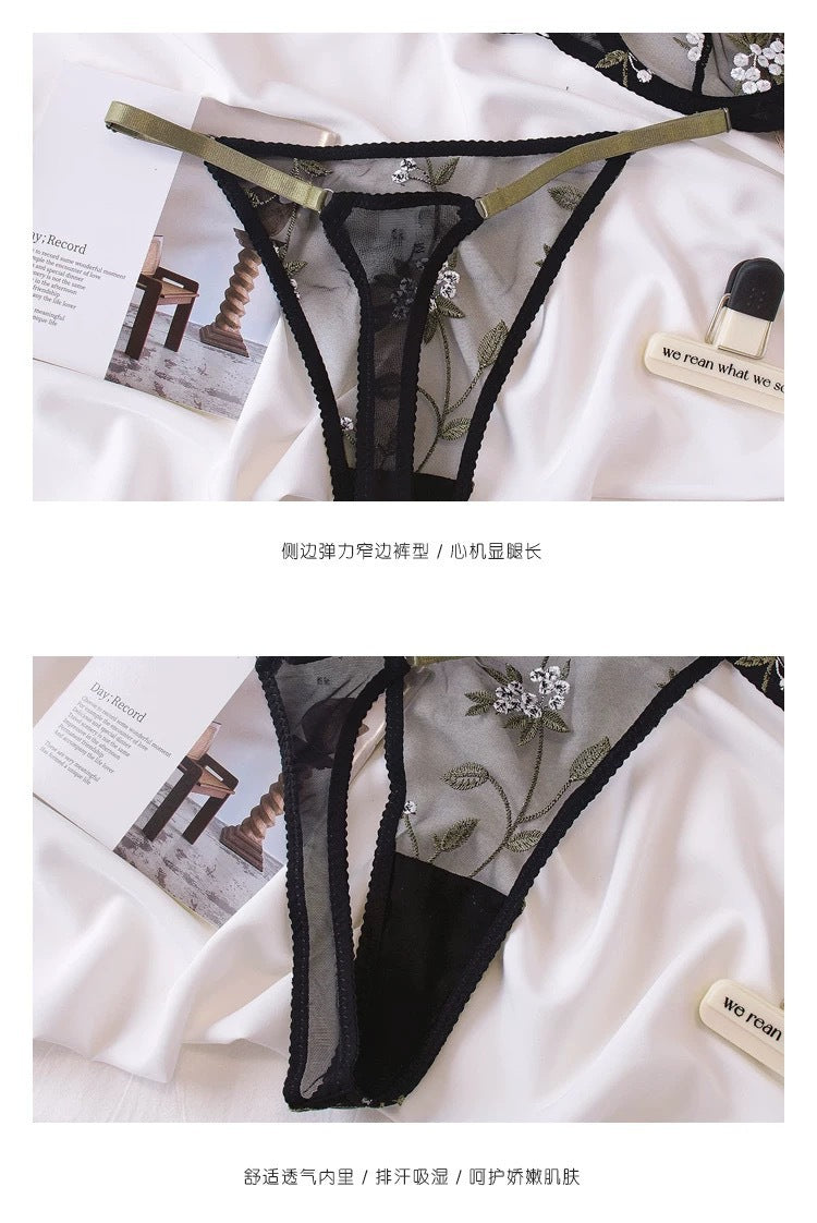 European and American Cross-Border Sexy Lingerie French Pure Desire Ultra-Thin See-Through Mesh Embroidery Underwire Push-Up Erotic Lingerie Set