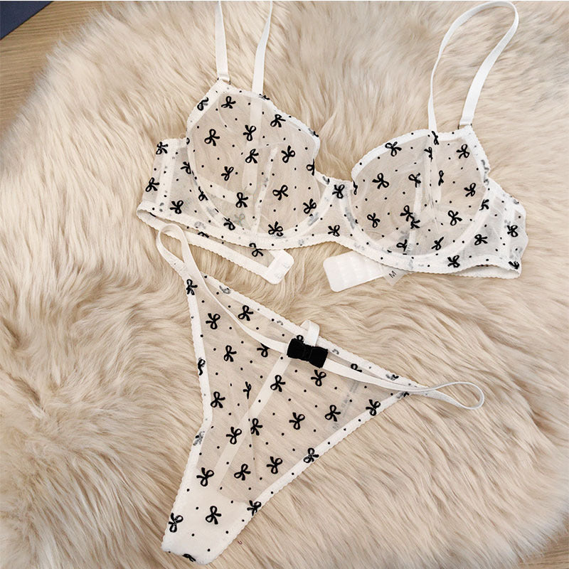 European and American Cross-Border Hot-Selling Sexy Lingerie for Women Ultra-Thin Flocked Printed Mesh Lace French Lingerie Set