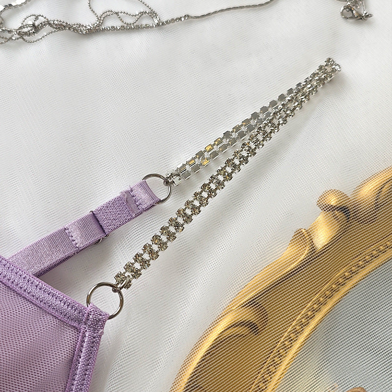 Cross-Border Strap Sexy Irregular European and American Feather Bodycon Design Dress Lace Purple Charm Sheer Nightdress