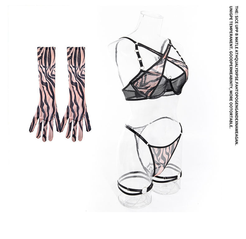 Cross-Border Foreign Trade Hot-Selling Sexy Mesh Leopard Print Metal Chain Lingerie Set with Gloves and Leg Rings Four-Piece Set
