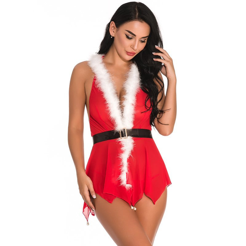 Christmas lingerie for women Sexy Lingerie V Collared Strap Dress with Sheer Lace Christmas Outfit