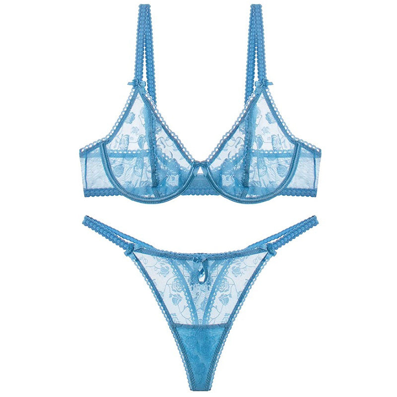 European and American Sexy Lingerie Ultra-thin Flocked Printed Mesh French Lingerie Large Bust Minimizer Plus Size Bra Set