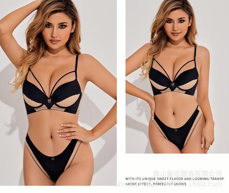 Amazon Cross-Border Sexy Lingerie Women's Satin Hollow Out Strap Small Chest Enhancing Push-Up Anti-Sagging Bra Set