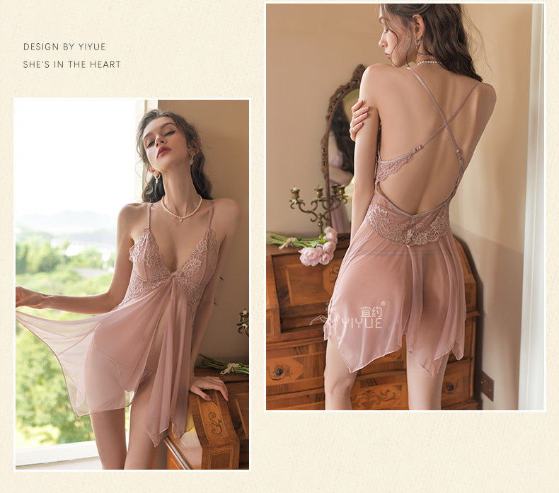 Yiyue Sexy Lace Temptation Strap Nightdress Women's Thin Transparent Mesh Nightgown Hot Erotic Lingerie8453