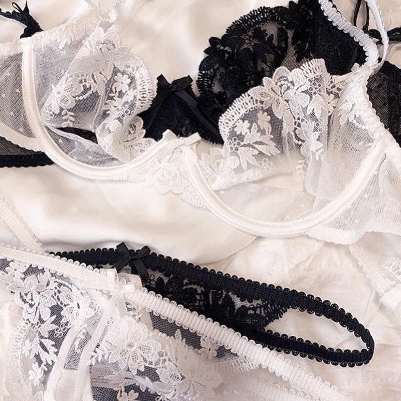 French Style Sexy Lingerie Ultra-Thin See-Through Pure Desire Floral Lace Lingerie Set Large Bust Minimizer Anti-Sagging Bra