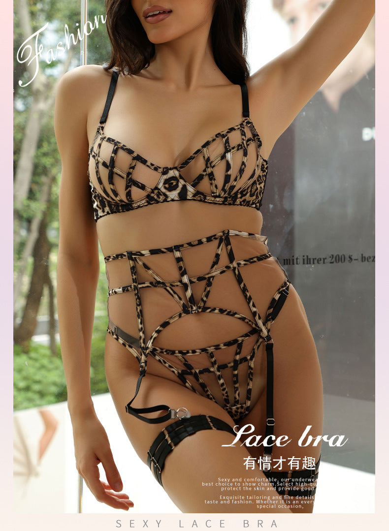 Cross-Border European and American Style French Lingerie Sexy Tie Leopard Print Temptation Mesh See-Through Big Chest Minimizer Erotic Three-Piece Set