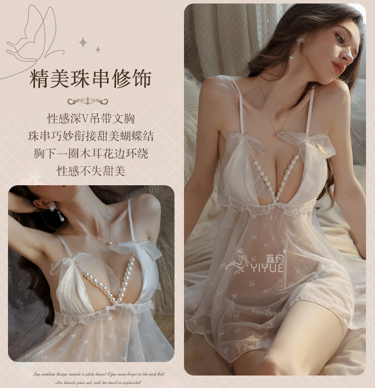 Yiyue Sexy Strap Nightdress Pearl Crotchless Transparent Temptation Sexy No-Remove Lingerie Bed Flirting Sleepwear1004