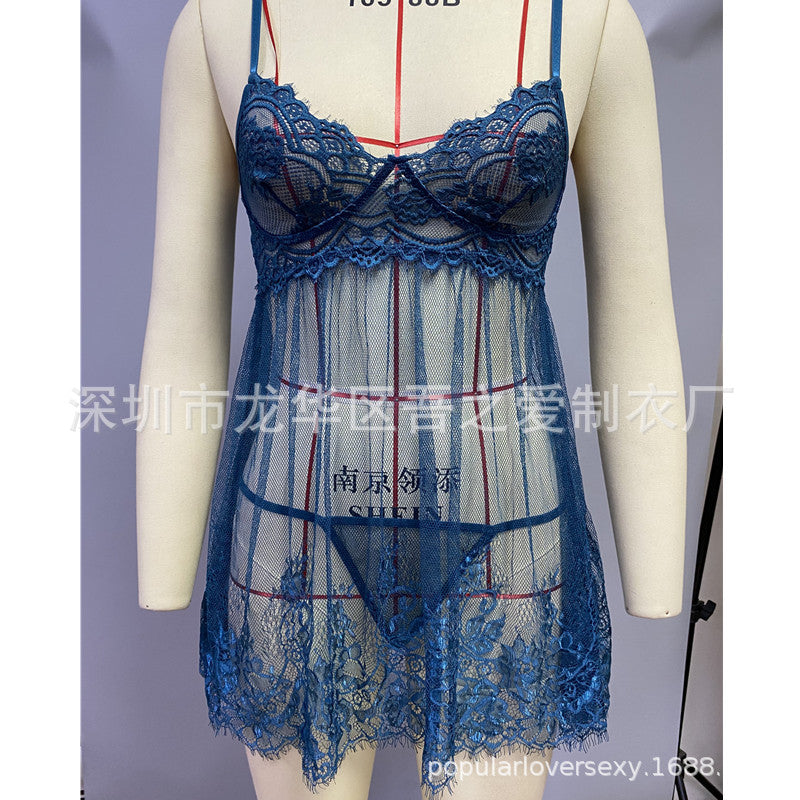 New Foreign Trade European and American Style Sexy Women's Camisole Embroidered Lace Temptation Nightdress Solid Color Satin Pajamas Homewear In Stock
