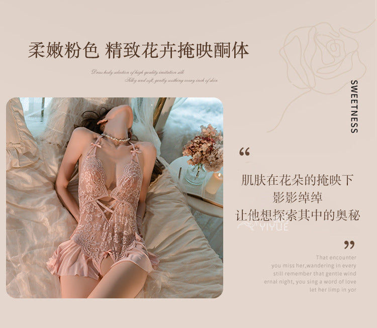 Yiyue Sexy Lingerie Lace Halter Temptation Bodysuit Women Open Crotch Uniform No-Remove Pajama Set1062