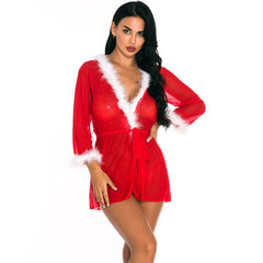 Christmas outfit see-through lace mesh two-piece set European and American Cross-Border Manufacturer Supply Sexy Lingerie Uniform Temptation