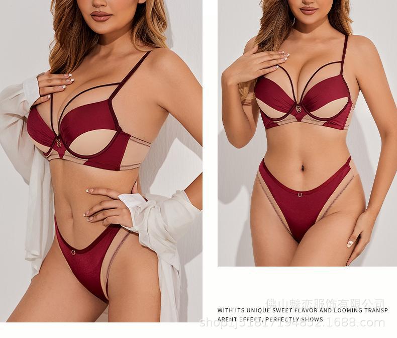 Amazon Cross-Border Sexy Lingerie Women's Satin Hollow Out Strap Small Chest Enhancing Push-Up Anti-Sagging Bra Set