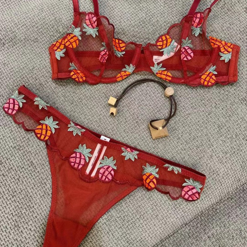 European and American Cross-Border Trade Sexy Bra Ultra-Thin Mesh Pineapple Embroidery Lace Large Bust Minimizer Sexy Lingerie Set