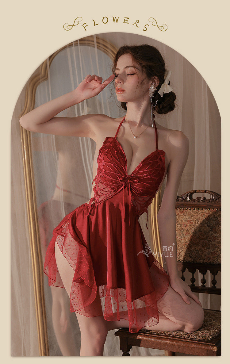 Yiyue Sexy Satin Nightdress Pure Desire Homewear with Chest Pads Bare Back Erotic Lingerie Uniform Pajama Set1125