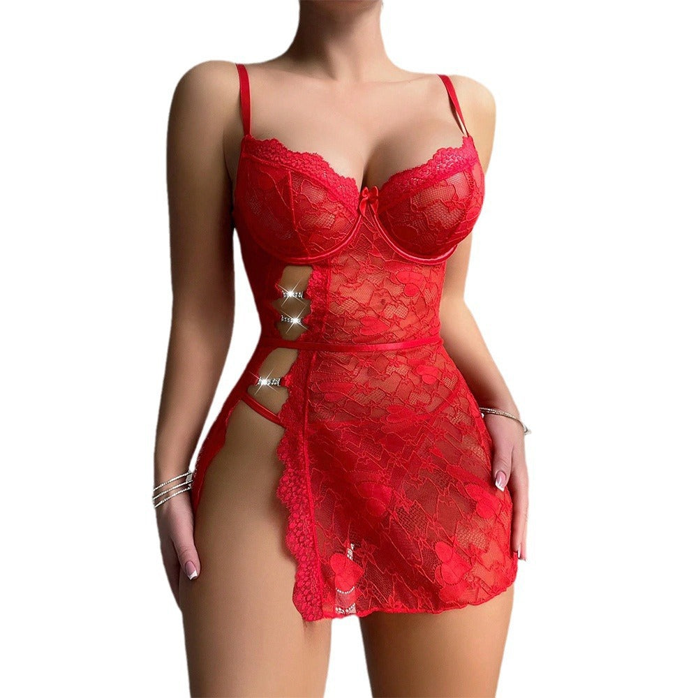 AliExpress Hot Selling Sexy Lingerie Women Lace Trim See-through Split Bodycon Short Skirt Thong Set