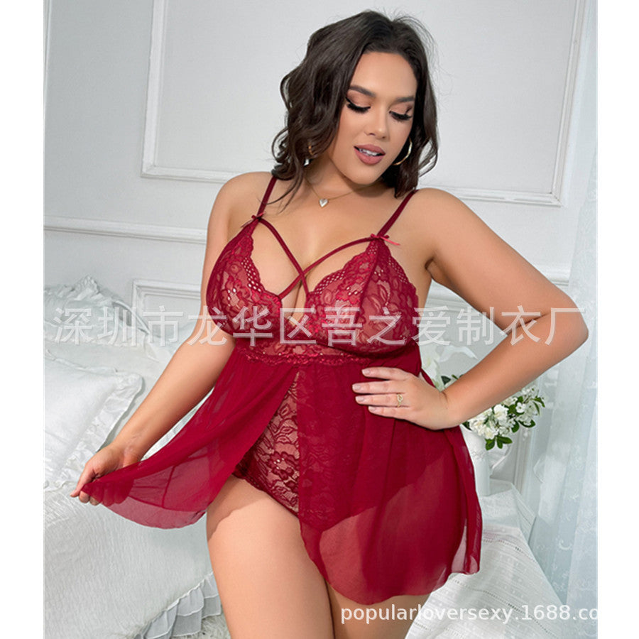 2024New Sexy Lingerie See-through Lace Temptation One-piece Camisole Sexy Nightdress V Cross Collar Cardigan Pajamas