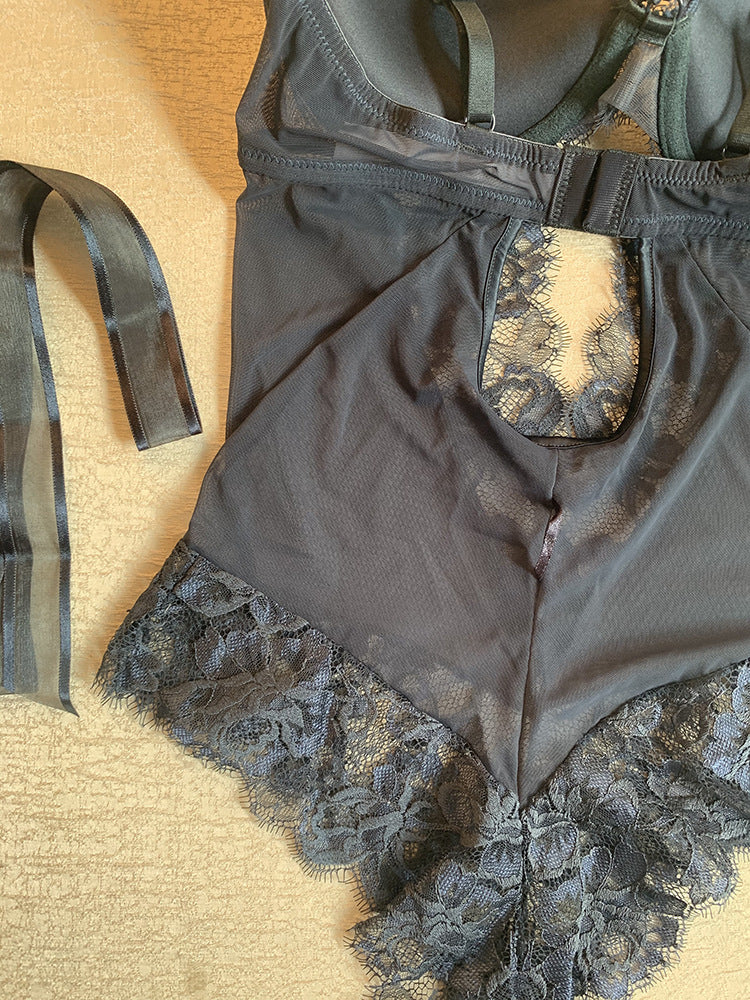 French Style Sexy Bodysuit Temptation Bow Transparent Lace European and American Tight Sexy Jumpsuit