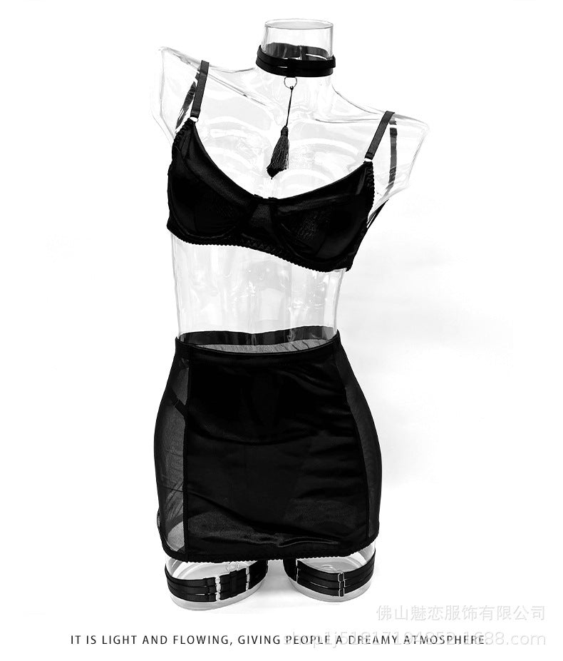 Amazon Foreign Trade Sexy Lingerie Women's Satin Patchwork Mesh See-through Bodycon Skirt Thong Five-piece Set