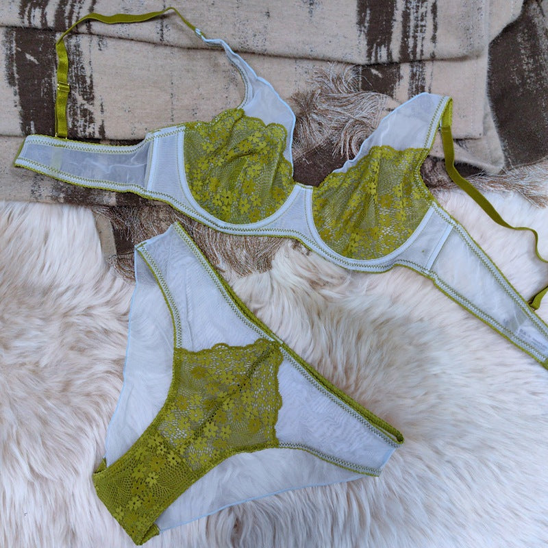 Cross-Border Hot-Selling French Style Sexy Lingerie Ultra-Thin Retro Color-Block Lace Bra Large Bust Minimizer Sexy Lingerie Set