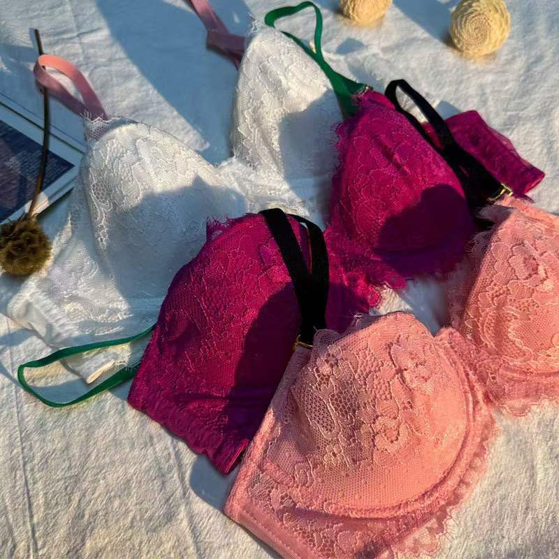 European and American Russian Hot-Selling Sexy Lingerie Lace Small Chest Enhancing Anti-Sagging Embroidered Color-Block Push-Up Bra Set