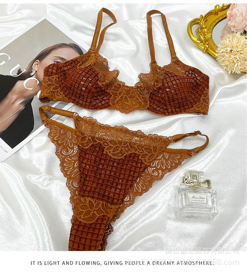 Cross-Border European and American Style French Lingerie Sexy See-Through Mesh Lace Plaid Large Bust Minimizer Push-Up Bra Set