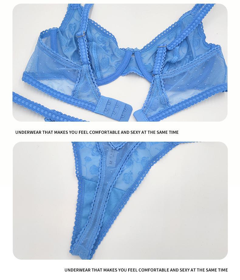 European and American Cross-Border Sexy Lingerie French Ultra-Thin Flocked Printed Mesh Bra Large Bust Minimizer Sexy Lingerie Set