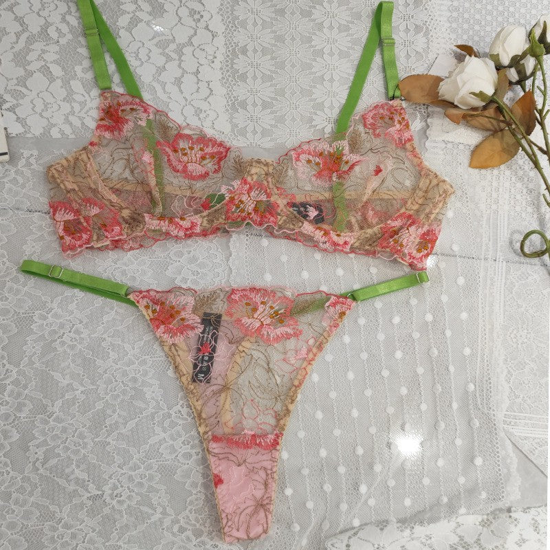 Cross-Border Pure Desire Sexy Lingerie Thin Floral Embroidery Large Bust Minimizer Anti-Sagging Lace Erotic Lingerie Set for Women