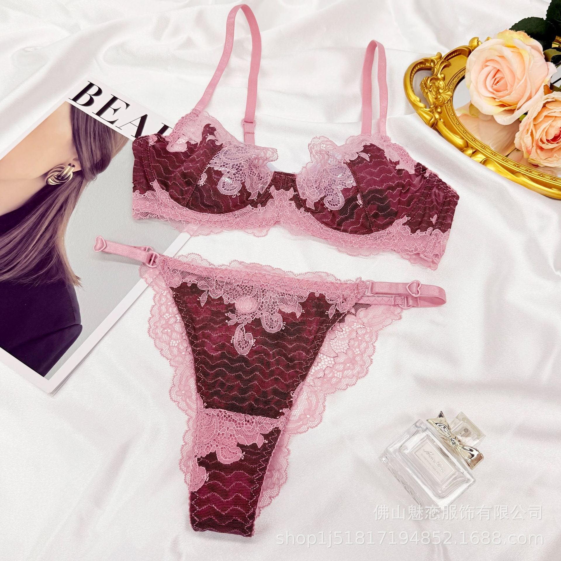 Amazon Foreign Trade Sexy Lingerie Women's Lace Ultra-thin See-through Large Bust Minimizer Push-up Sexy Set Wholesale