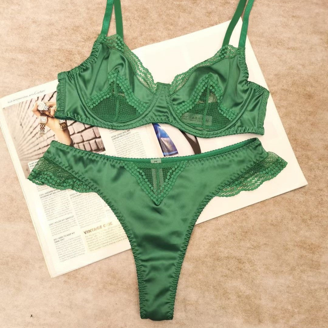 European and American Cross-Border French Style Lingerie Summer Sexy Ultra-Thin Mesh Patchwork Satin Lace Large Bust Minimizer Bra Set