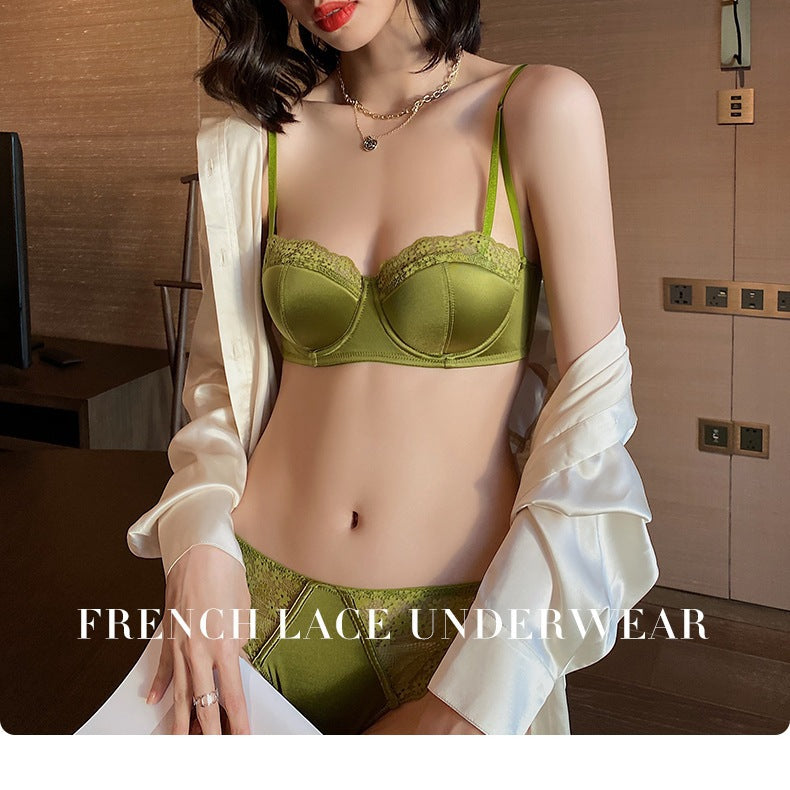 Cross-Border Hot-Selling French Lace Lingerie Women Sexy Thin Satin Large Bust Minimizer Anti-Sagging Bra Set