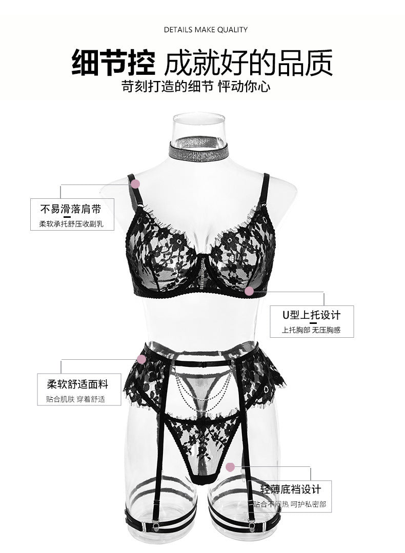 European and American Hot-Selling Sexy Lingerie for Women with Embroidered Eyelash Edge, Rhinestone Neck Ring, Garter Belt, Bra, and Five-Piece Set
