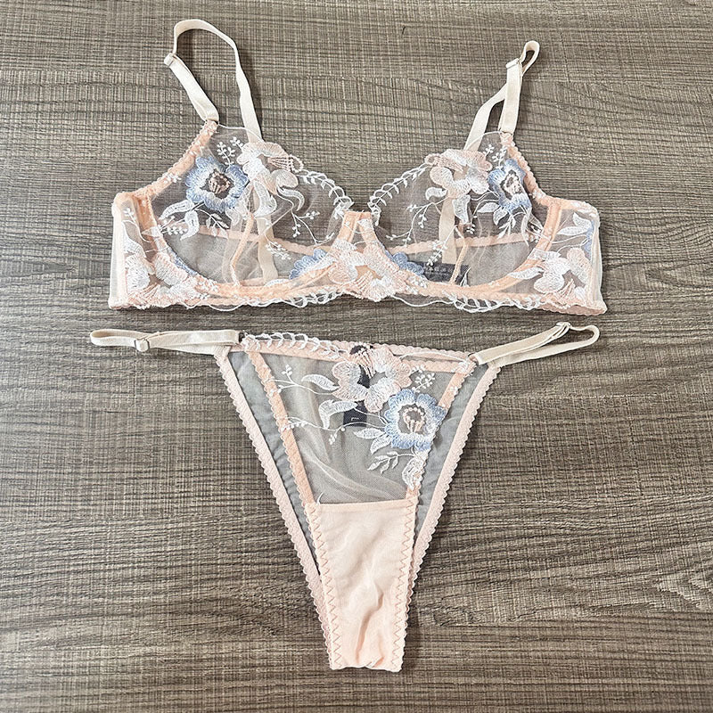 Cross-Border European and American French Style Lingerie Sexy Set Ultra-Thin See-Through Lace Bra Big Chest Minimizer Anti-Sagging Two-Piece Set