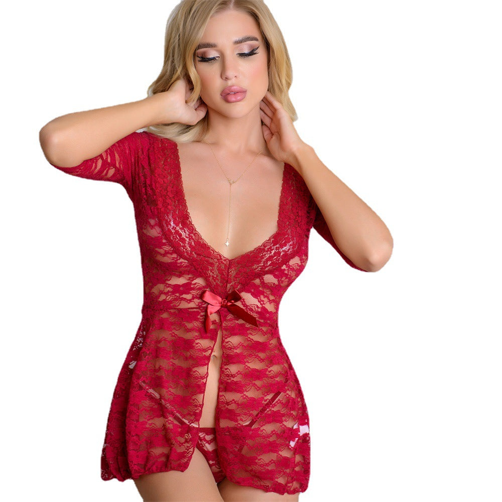 European and American Foreign Trade Women's Sexy Lingerie Transparent Nightdress Eyelash Lace Nightgown eBay Source of Goods