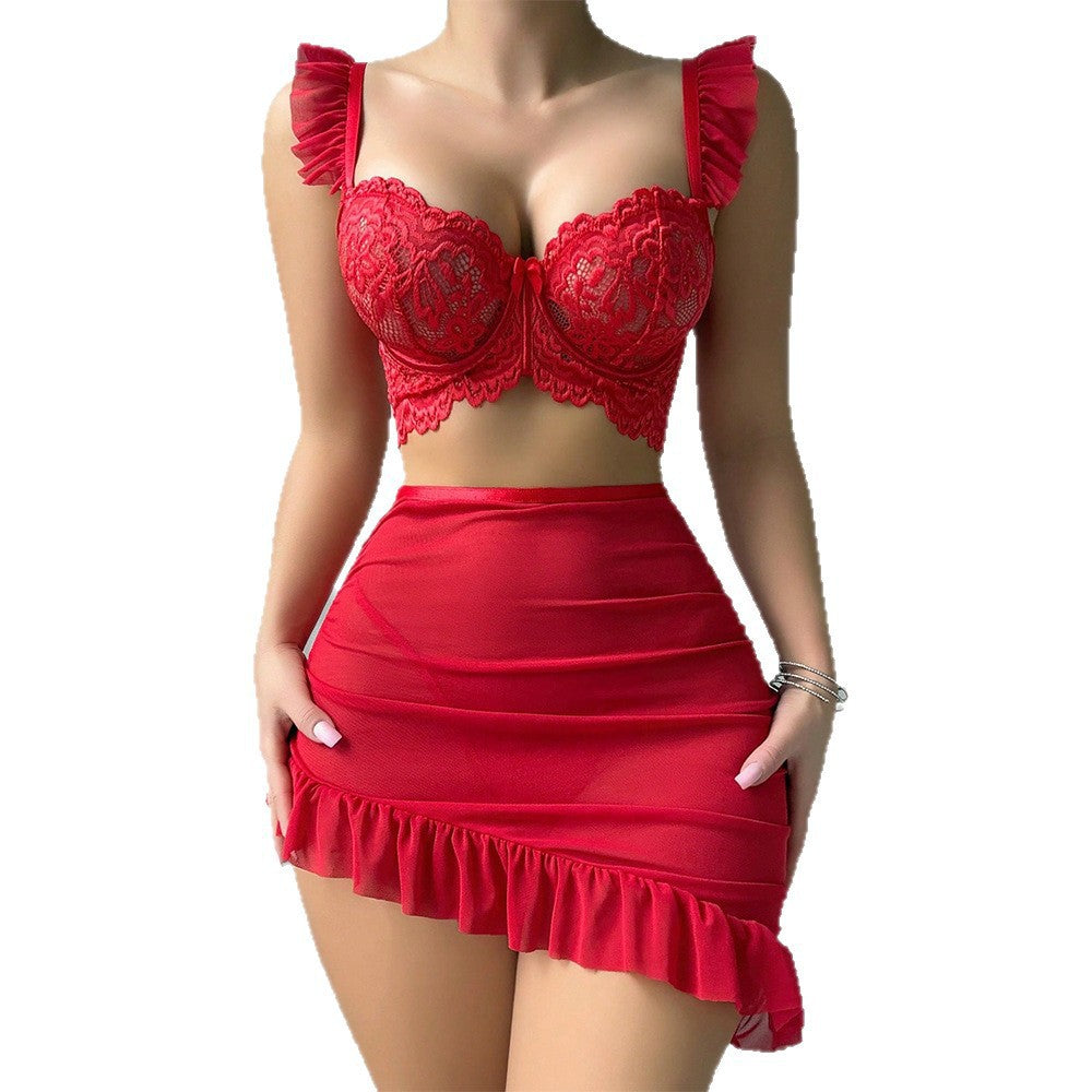 Amazon Foreign Trade Hot Selling Sexy Lingerie for Women Embroidered See-through Temptation Bodycon Short Skirt Thong Three-piece Set