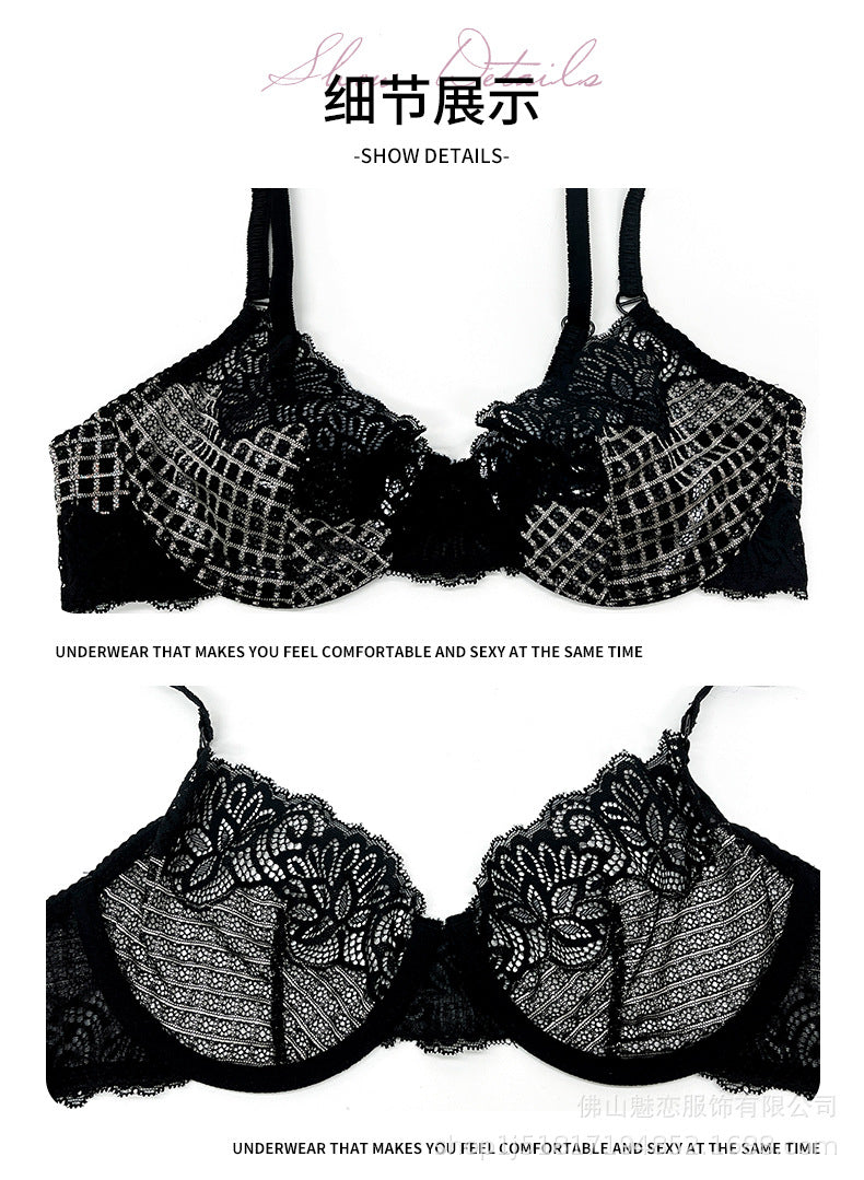 Cross-Border European and American Style French Lingerie Sexy See-Through Mesh Lace Plaid Large Bust Minimizer Push-Up Bra Set
