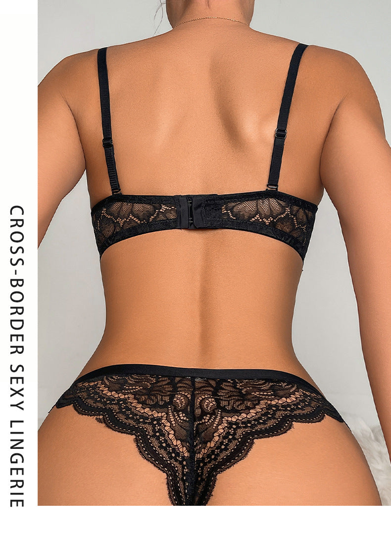 Cross-Border European and American Sexy Lingerie Half Cup Hollow Embroidery Lace Bra Small Chest Push-Up Side Breast Collection Lingerie Set