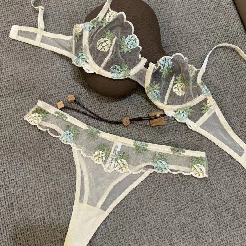 European and American Cross-Border Trade Sexy Bra Ultra-Thin Mesh Pineapple Embroidery Lace Large Bust Minimizer Sexy Lingerie Set