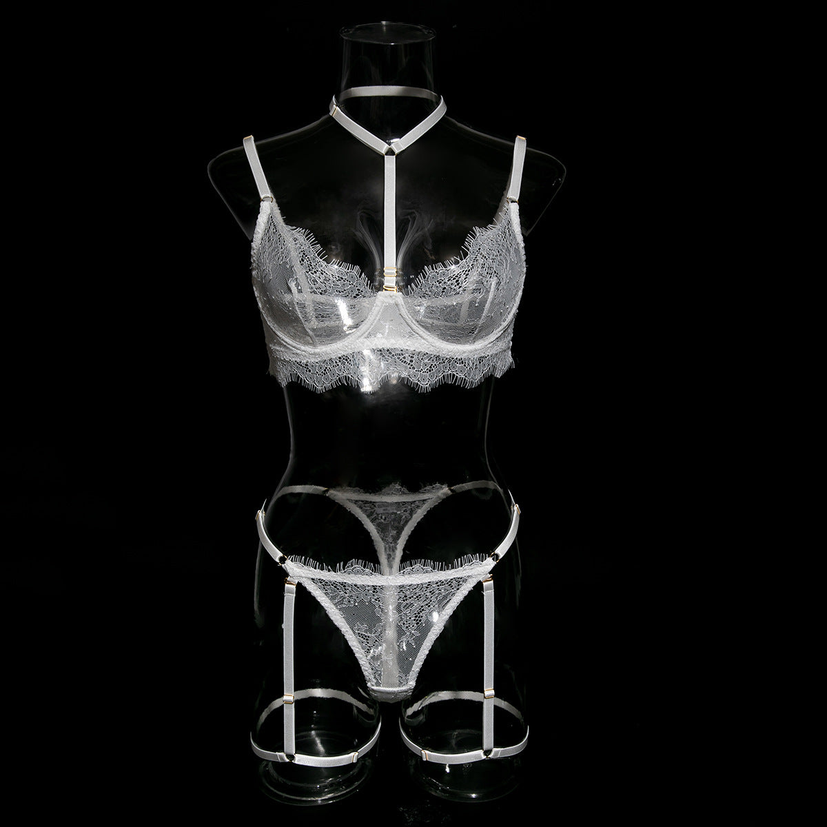 European and American Cross-Border Sexy Lingerie Four-Piece Set Sexy Hollow Lace Eyelash Halter Neck Lingerie with Detachable Leg Rings