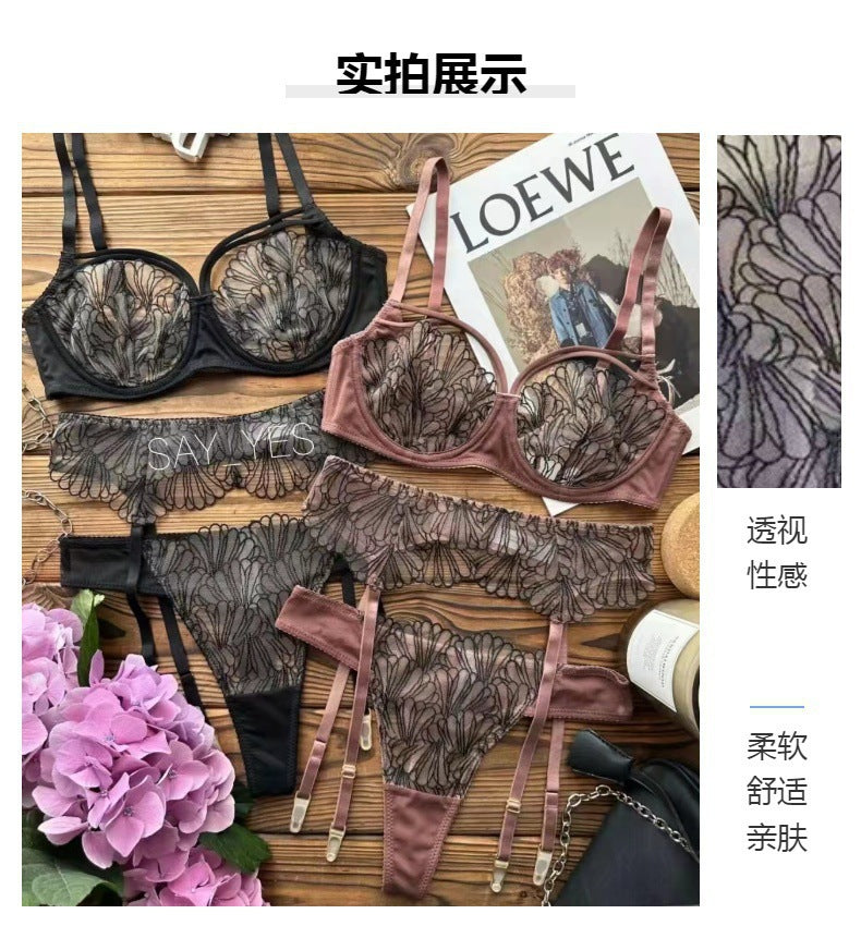 Cross-Border Hot-Selling Sexy Lingerie Lace Ultra-Thin Mesh Printed Large Bust Minimizing Camisole Sexy Lingerie Three-Piece Set for Women