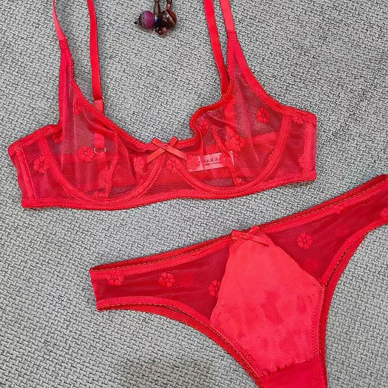 European and American Sexy Lingerie for Women, French Style Ultra-Thin Flocked Embroidered Lace Bra, Minimizing Large Bust, Anti-Sagging, Erotic Lingerie