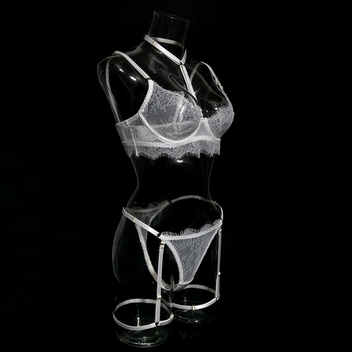European and American Cross-Border Sexy Lingerie Four-Piece Set Sexy Hollow Lace Eyelash Halter Neck Lingerie with Detachable Leg Rings