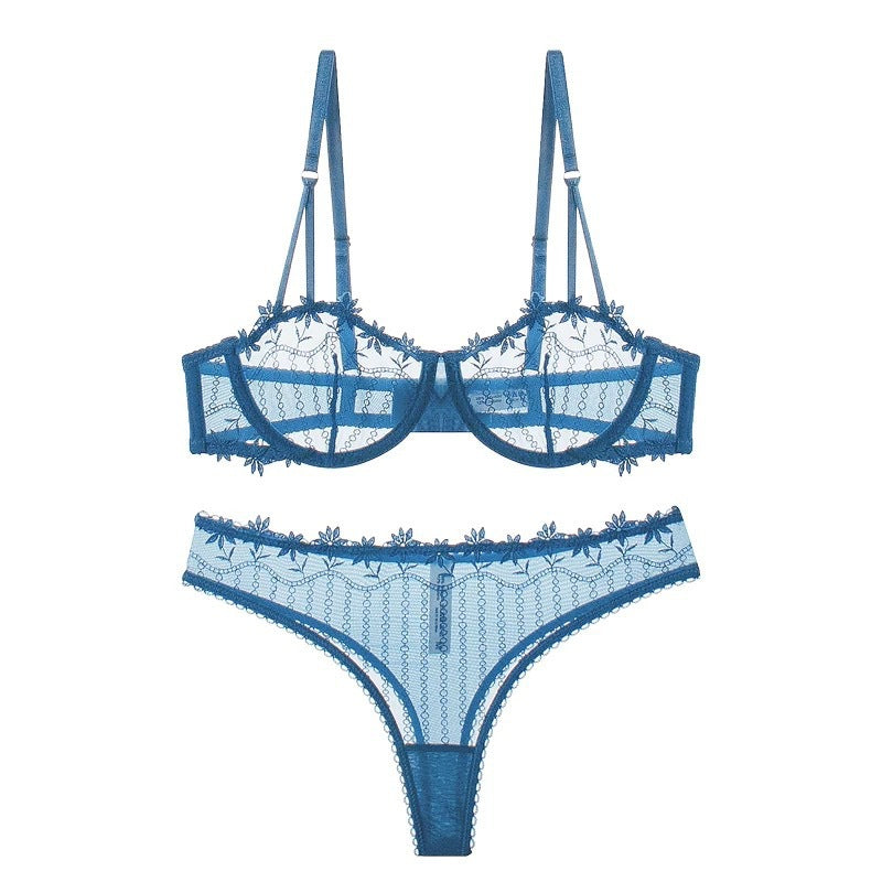 Cross-Border European and American Style French Lace Sexy Lingerie Ultra-Thin See-Through Half-Cup Embroidery Big Chest Minimizer Sexy Lingerie Set