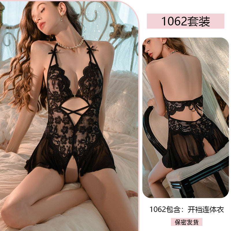 Yiyue Sexy Lingerie Lace Halter Temptation Bodysuit Women Open Crotch Uniform No-Remove Pajama Set1062