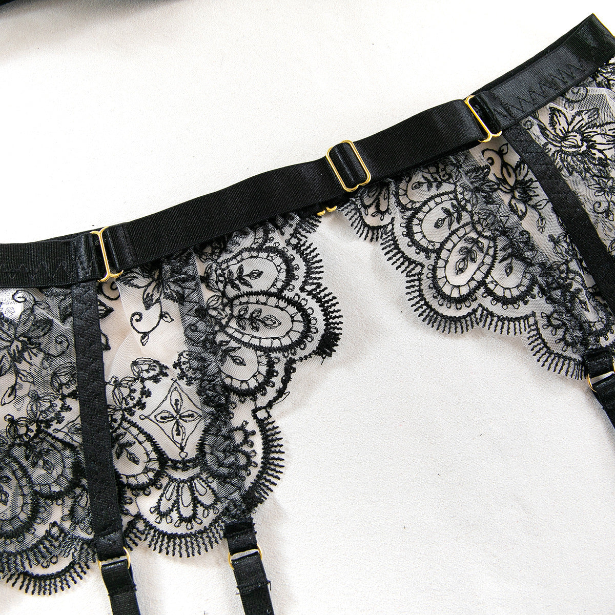 Foreign Trade High-Quality Sexy Lingerie Embroidered Eyelash Edge Large Bust Minimizer Sexy See-Through Front Open Four-Piece Set