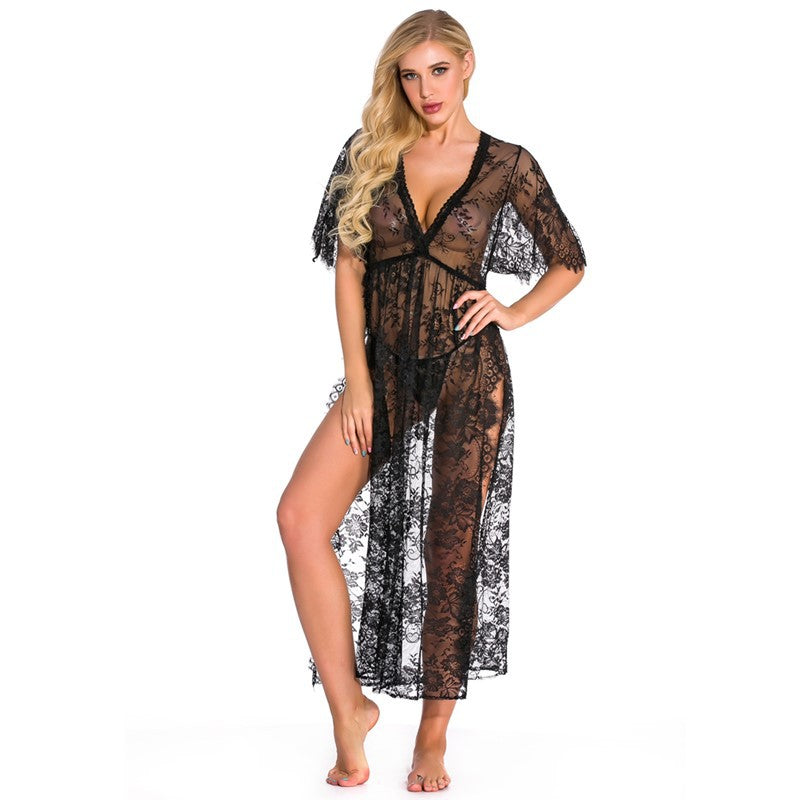 European and American Foreign Trade Women's Sexy Lingerie Long Lace Dress V Collared Three-quarter Sleeve Sexy Nightgown AliExpress Source Robe
