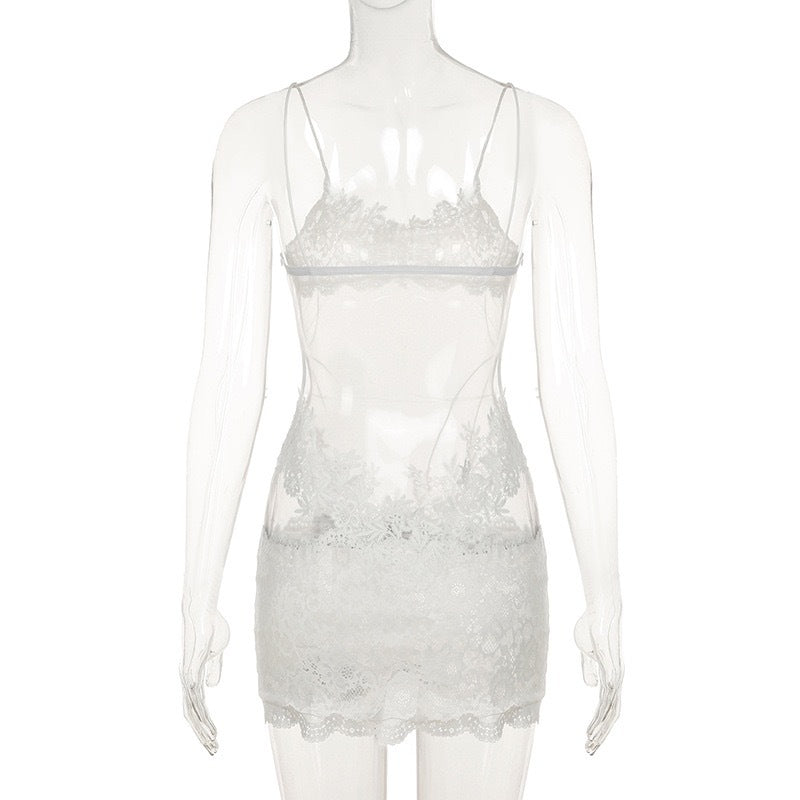 European and American Cross-Border Sexy Mesh Lace See-Through Camisole Dress V High Collar Waist Slim Fit Bodycon Skirt Hot Girl Short Skirt