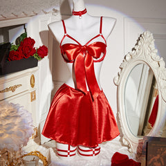 Cross-Border European and American Hot-Selling Sexy Lingerie Bowknot Chest-Exposing Bra Short Skirt Thong Collar Leg Ring Set