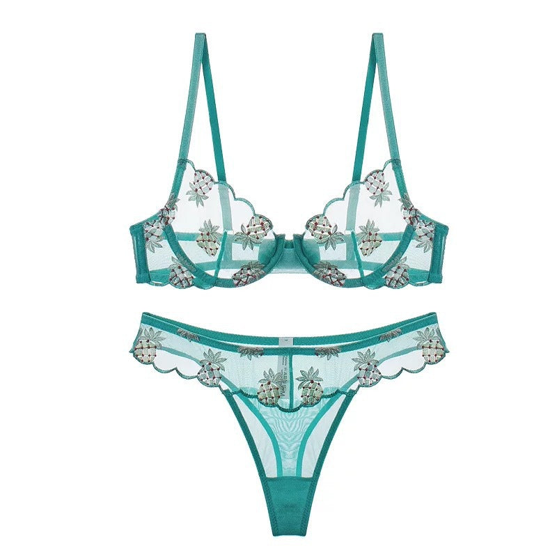 European and American Cross-Border Trade Sexy Bra Ultra-Thin Mesh Pineapple Embroidery Lace Large Bust Minimizer Sexy Lingerie Set