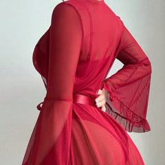 Amazon Foreign Trade Red Sexy Lingerie Nightgown Women Lace See-through Tie Bodysuit Shawl Two-piece Set