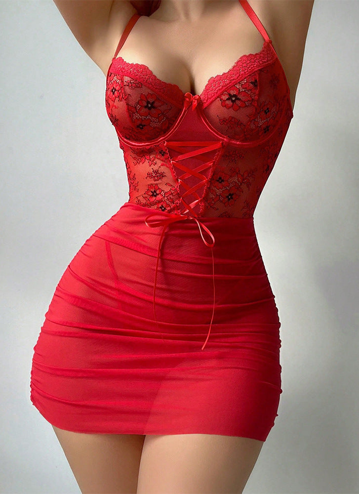 Amazon European and American Sexy Lingerie Women Slim Sleepwear Lace See-through Temptation Nightdress Thong Two-piece Set