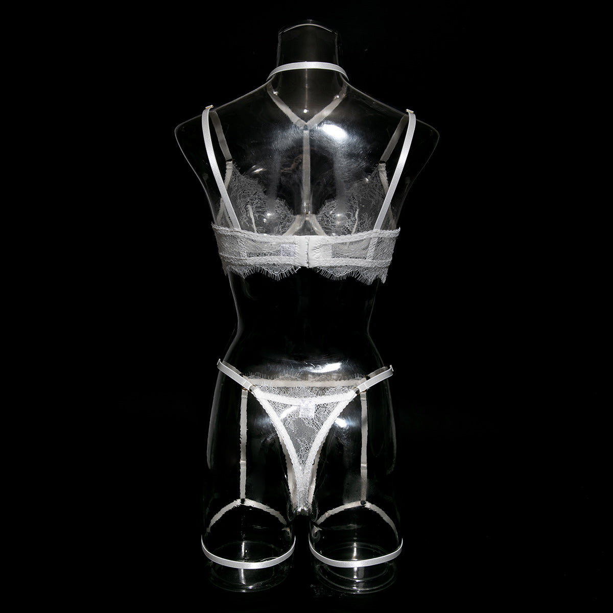 European and American Cross-Border Sexy Lingerie Four-Piece Set Sexy Hollow Lace Eyelash Halter Neck Lingerie with Detachable Leg Rings